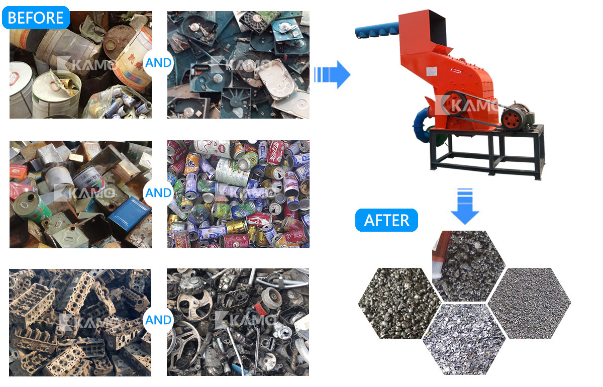 mostly shred metal cans, paint bucket, hard drive and thin materials